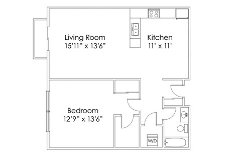 Floor plan for 1 bed, 1 bath, 729 sqft